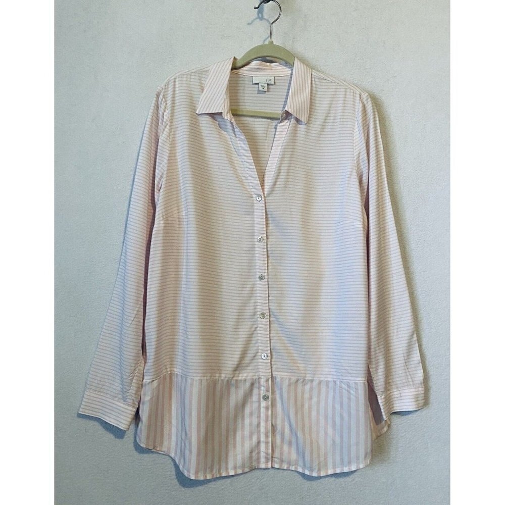 J Jill Top Womens Medium Pink White Striped Button Up Tunic Lightweight
